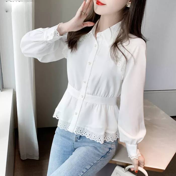 Mẫu sơ mi nữ trắng phong cách công sở ôm eo Hàn Quốc