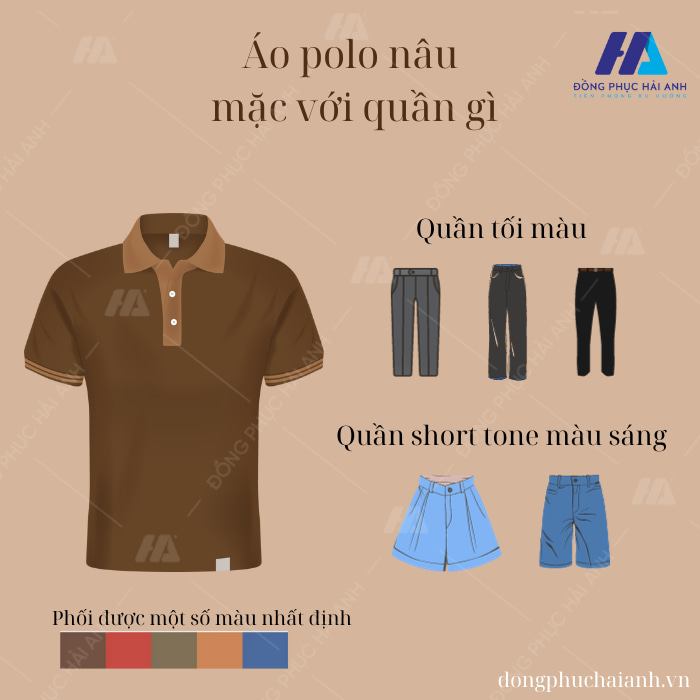 Với áo polo nâu mặc với quần tối màu như quần tay, kakaki, jeans hoặc quần short là lựa chọn tối ưu