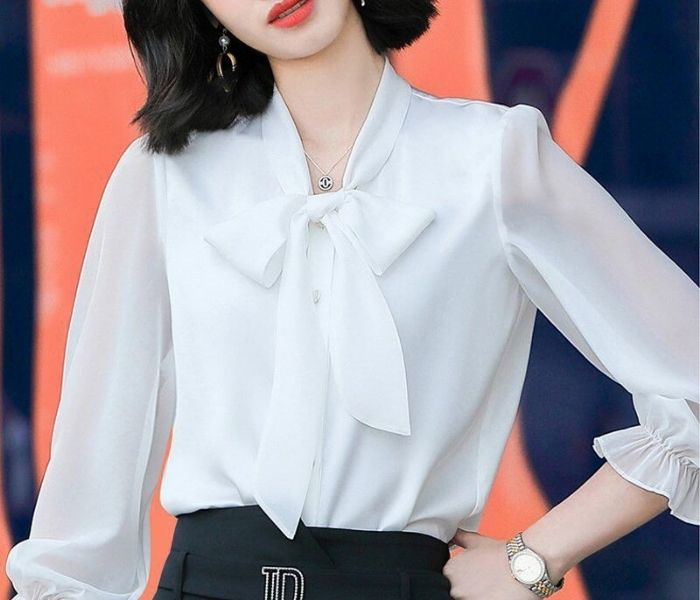 HCMÁo sơ mi nữ kiểu thắt nơ trước phong cách Hàn Quốc cao cấp 2 màu   Lazadavn
