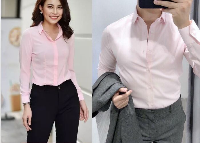 Hình ảnh mẫu sơ mi màu hồng nhạt cho nam và nữ đồng phục công ty