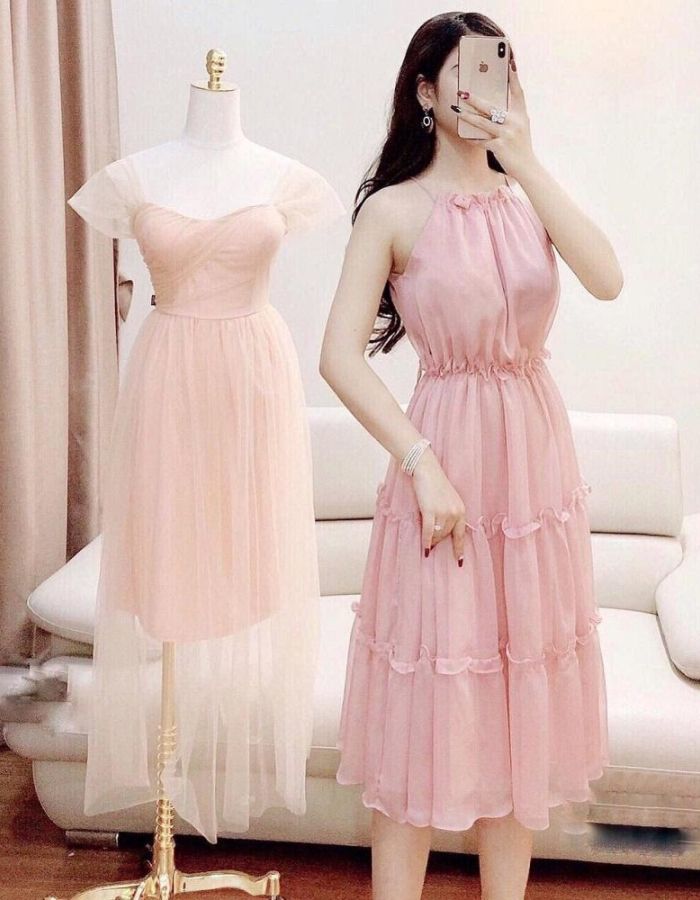 Váy maxi voan màu hồng dễ thương