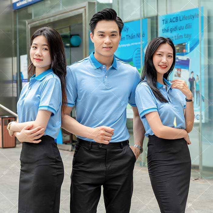 Mẫu áo phông polo màu xanh đồng phục công ty chỉn chu
