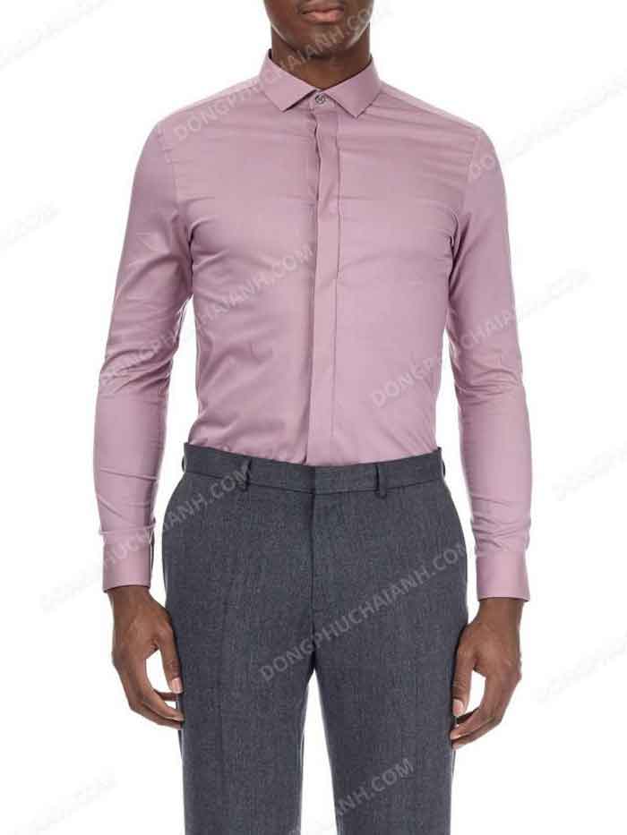 Đồng phục áo sơ mi nam công sở cổ nhọn màu hồng 100% cotton