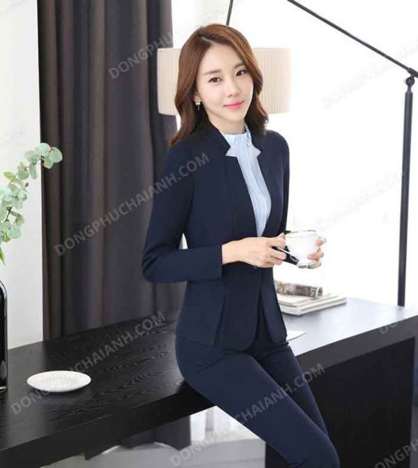 Đồng phục áo vest nữ công sở cổ ve cách điệu xanh navy