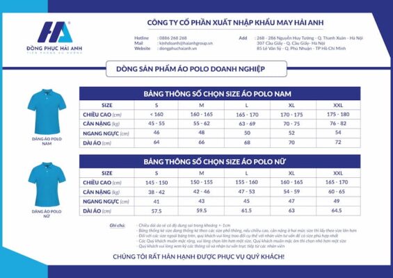 Bảng size áo đồng phục Polo nam nữ - Đồng phục Hải Anh