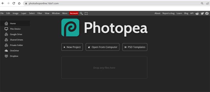 Giao diện đầu tiên của Website Photoshop Online