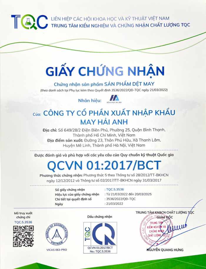 Giấy chứng nhận sản phẩm dệt may Hải Anh đạt quy chuẩn Quốc gia QCVN