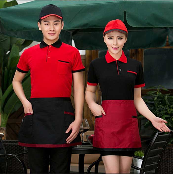 Đặc sắc với hai màu đen - đỏ kết hợp trong trang phục nhà hàng đến từ nhà may Hồng Hà