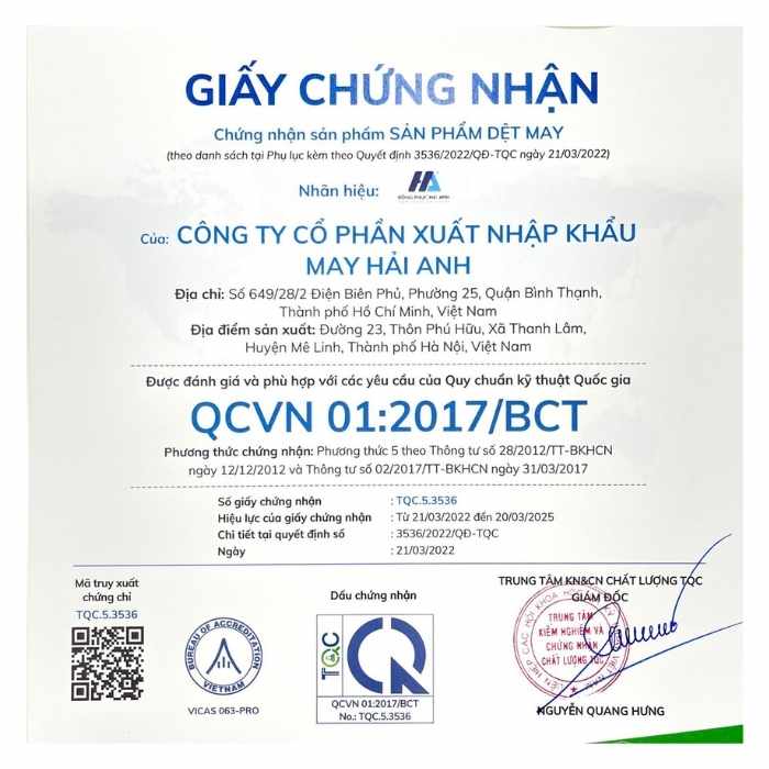 Đồng phục Hải Anh đạt tiêu chuẩn kĩ thuật quốc gia về chất lượng, đảm bảo an toàn cho người sử dụng 