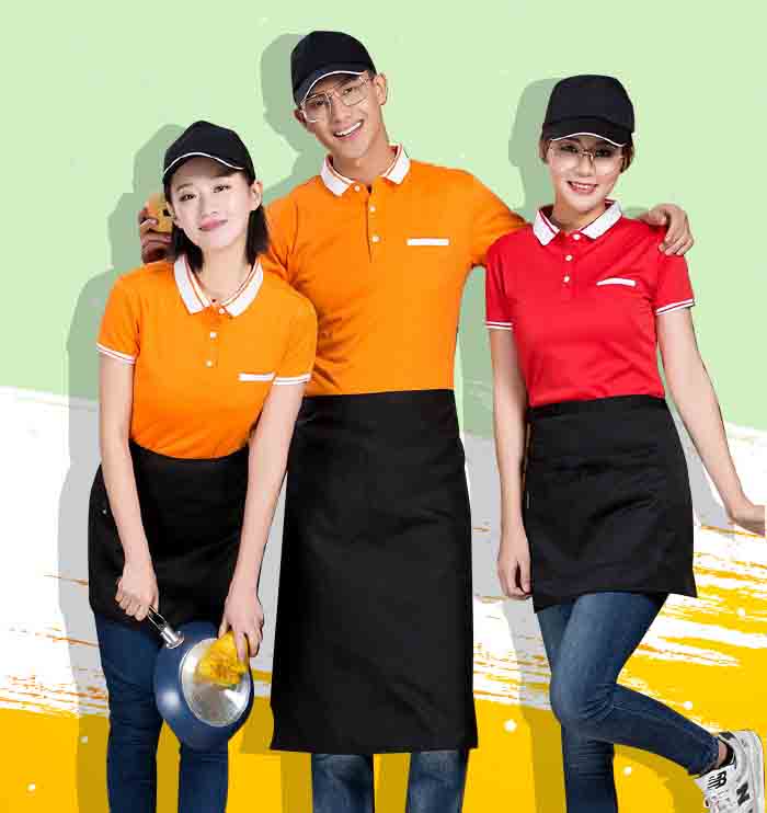 Đồng phục nhân viên nhà hàng được xưởng Minh Thành thiết kế theo yêu cầu với 2 màu đỏ-cam