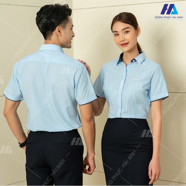 mẫu áo sơ mi đồng phục màu xanh ngắn tay