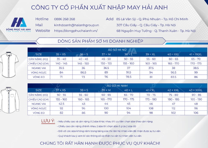 Bảng size áo sơ mi công sở nam nữ- đồng phục Hải Anh