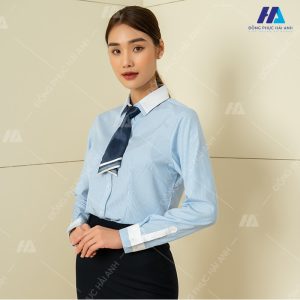mẫu áo sơ mi đồng phục nữ màu xanh dài tay