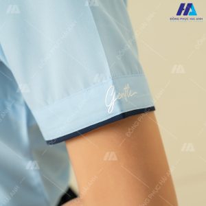 Chi tiết mẫu áo sơ mi nữ đồng phục màu xanh ngắn tay