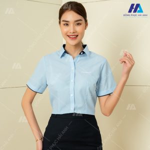 mẫu áo sơ mi nữ đồng phục màu xanh ngắn tay