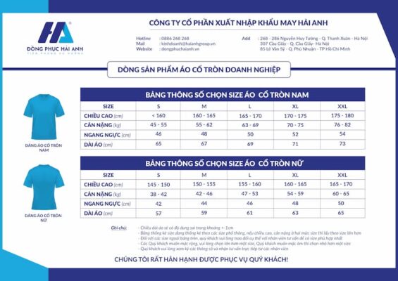 Bảng size nam nữ áo phông, thun cổ tròn doanh nghiệp- Đồng phục Hải Anh