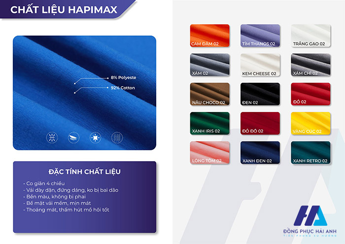 Bảng màu vải cotton Hapimax đồng phục áo thun cổ tròn đa dạng màu sắc