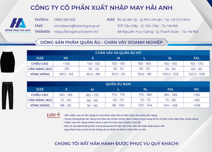 Bảng size quần âu chân váy nam nữ công sở đồng phục Hải Anh