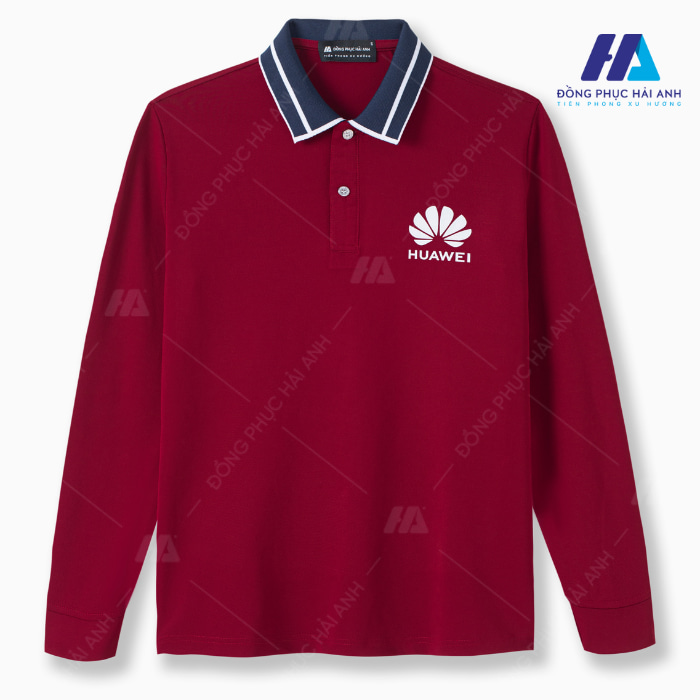 áo đồng phục dài tay công ty Huawei với gam màu đỏ nổi bật và bắt mắt