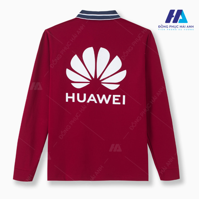 Áo đồng phục dài tay công ty Huawei thiết kế màu đỏ đô cổ xanh than. 
