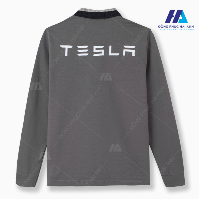 Áo polo đồng phục dài tay Tesla sử dụng tone màu xám độc đáo, ấn tượng