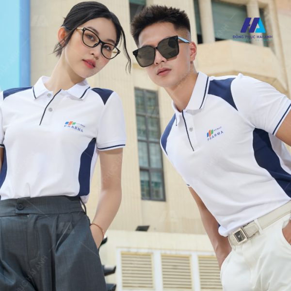 Mẫu polo đồng phục công ty fpt retail trắng phối xanh- đồng phục Hải Anh