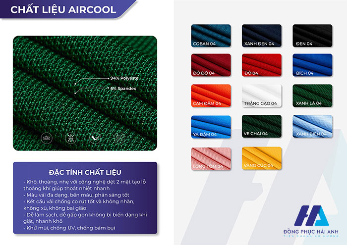 Bảng màu chất liệu Air Cool đồng phục áo thun, Áo Polo- Đồng phục Hải Anh