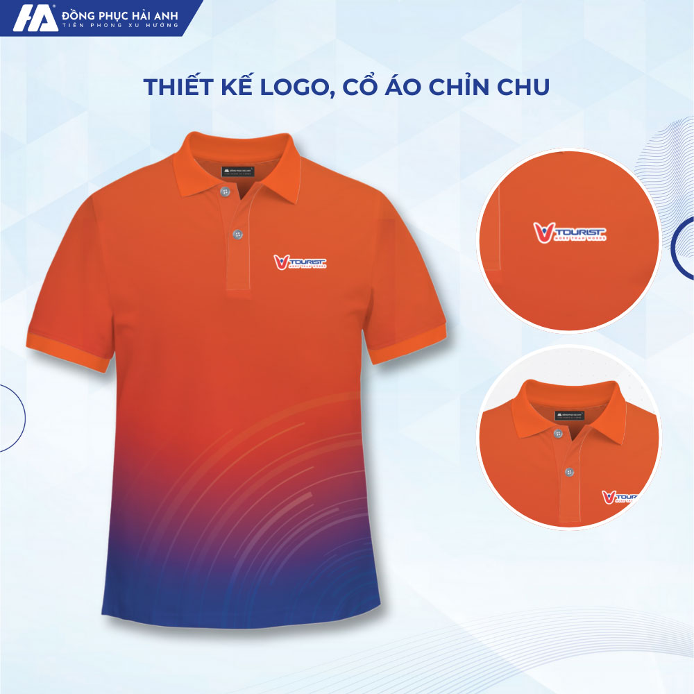 Thiết kế đồng phục du lịch màu cam phối thân dưới xanh trẻ trung
