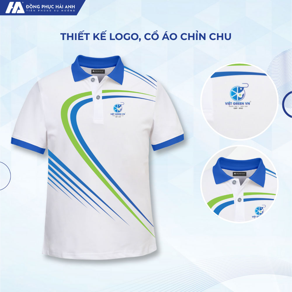 Thiết kế áo đồng phục du lịch màu trắng phối thân xanh dương