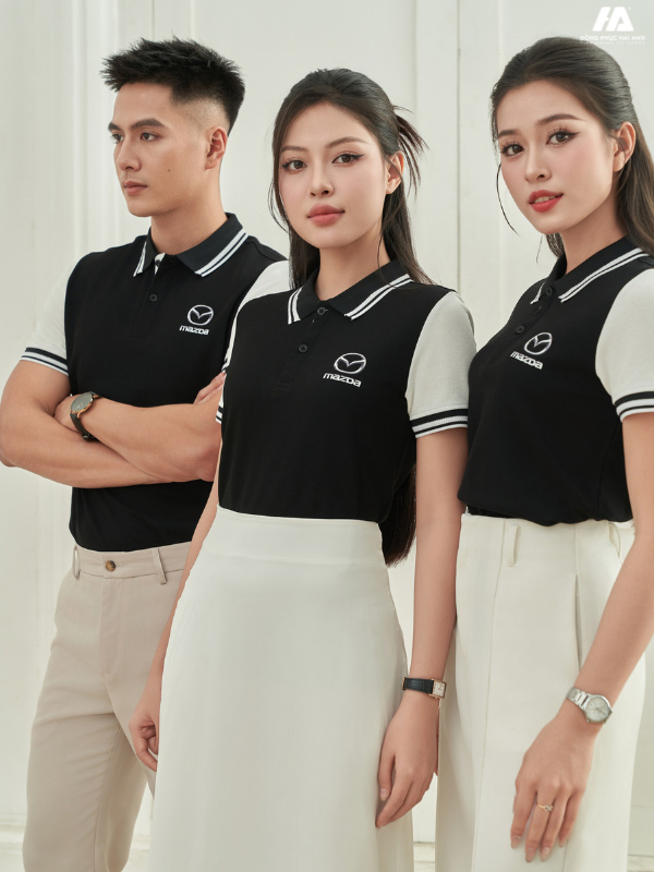 áo đồng phục công ty Prime Cotton màu đen phối màu trắng gạo