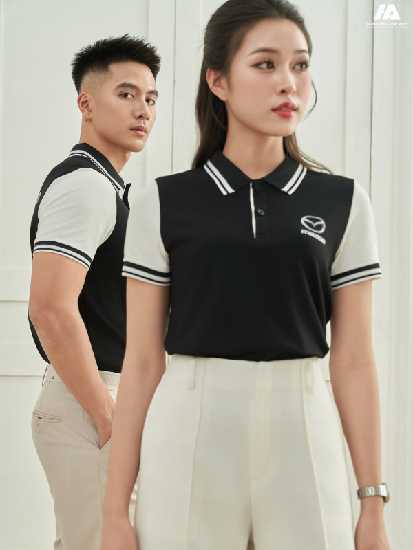 áo đồng phục công ty Prime Cotton màu đen phối màu trắng gạo