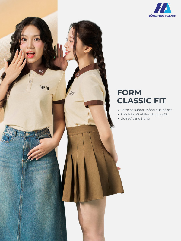Đồng phục áo polo màu kem cheese form áo classic fit