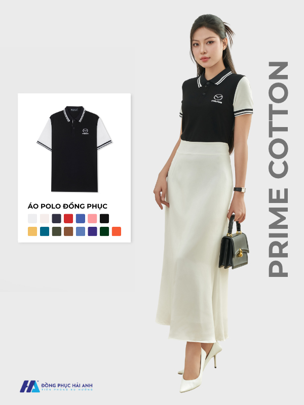 áo đồng phục công ty prime cotton màu đen phối màu trắng gạo thích hợp với nhiều doanh nghiệp
