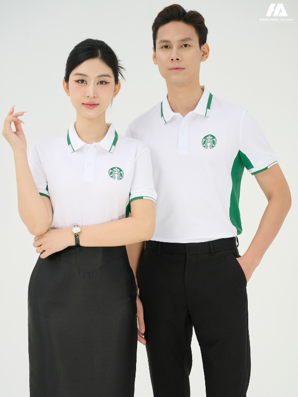 áo đồng phục công ty piquecool pro màu trắng gạo phối hai bên sườn màu xanh lá
