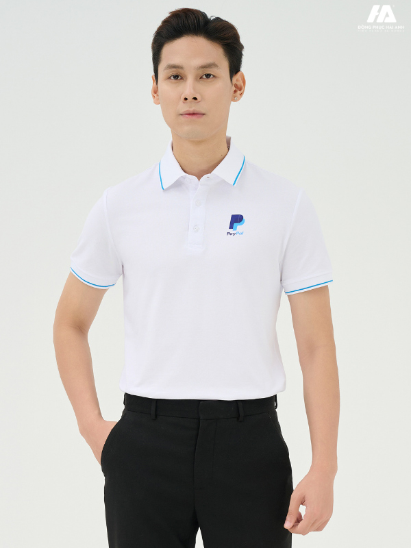 áo đồng phục công ty piquecool pro màu trắng gạo phối lé viền màu ya đậm
