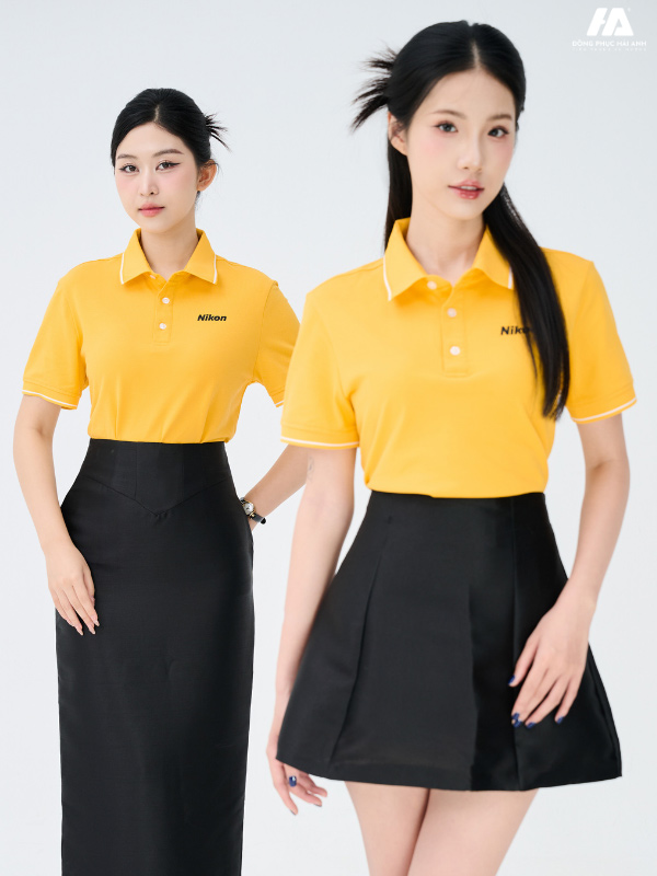 áo đồng phục công ty piquecool pro màu vàng cúc phối lé viền màu trắng