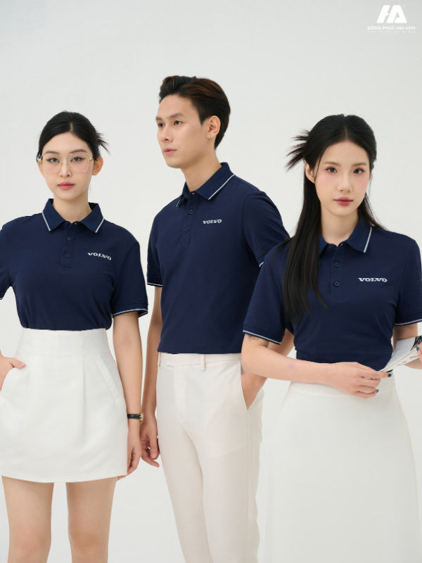 áo đồng phục công ty piquecool pro màu xanh đen phối lé viền màu trắng
