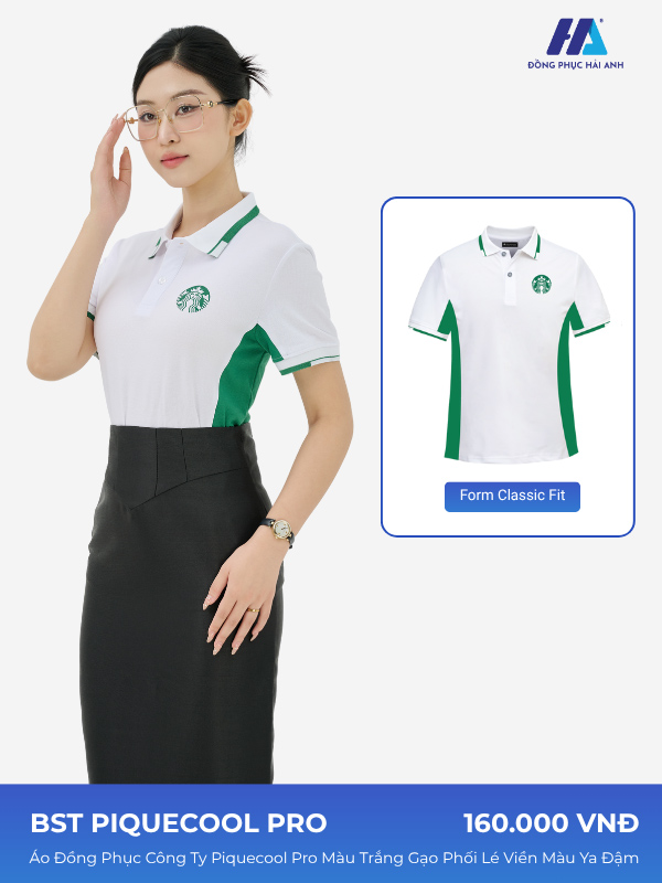 áo đồng phục công ty piquecool pro màu trắng gạo phối hai bên sườn màu xanh lá thiết kế thanh lịch, chuyên nghiệp