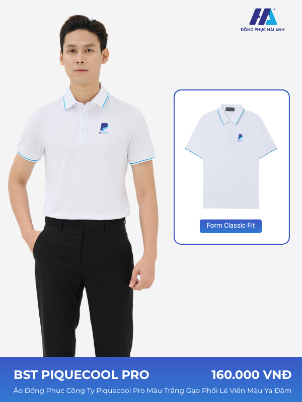 áo đồng phục công ty piquecool pro màu trắng gạo phối lé viền màu ya đậm với thiết kế nổi bật